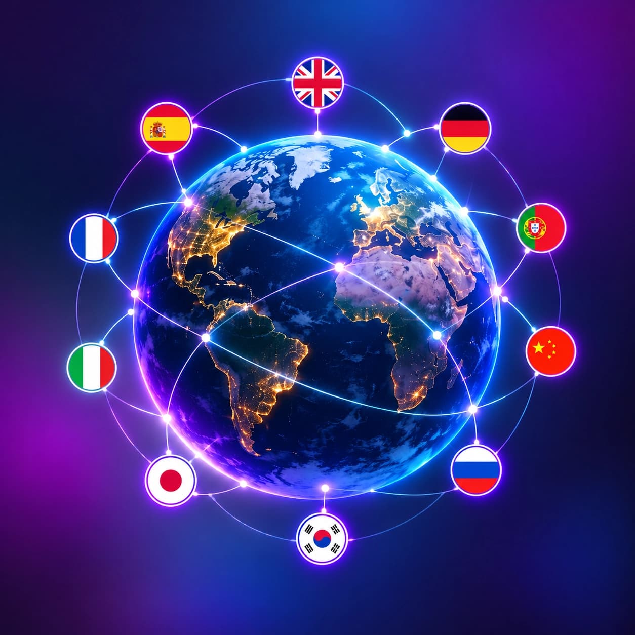 Glowing Earth surrounded by 10 language flags and digital connections, representing SoundBridge DAW's multilingual support and internationalization.